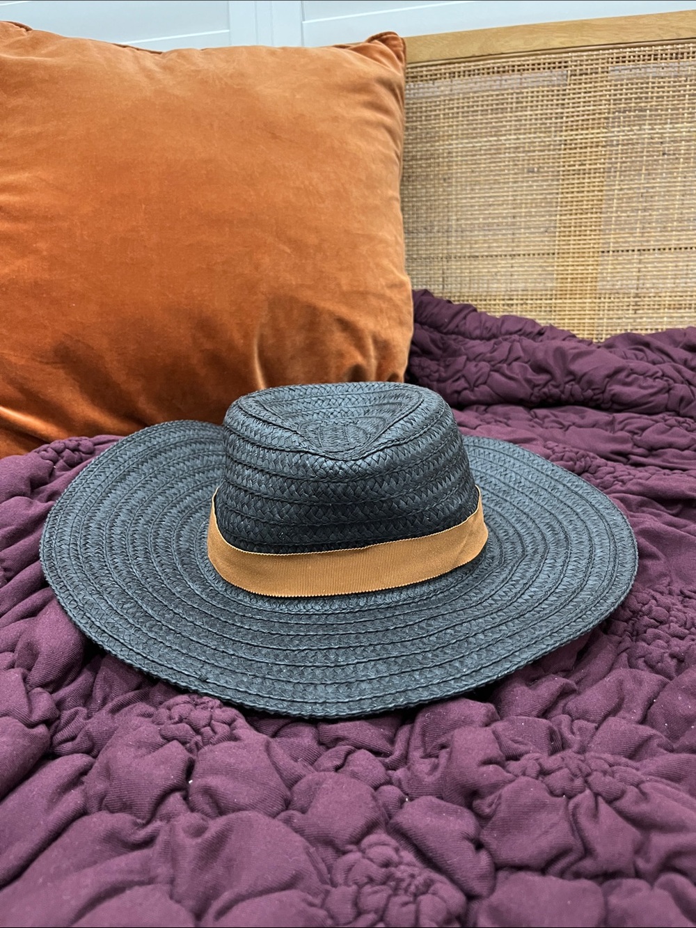 Madewell Black Straw Fedora with Tan Band